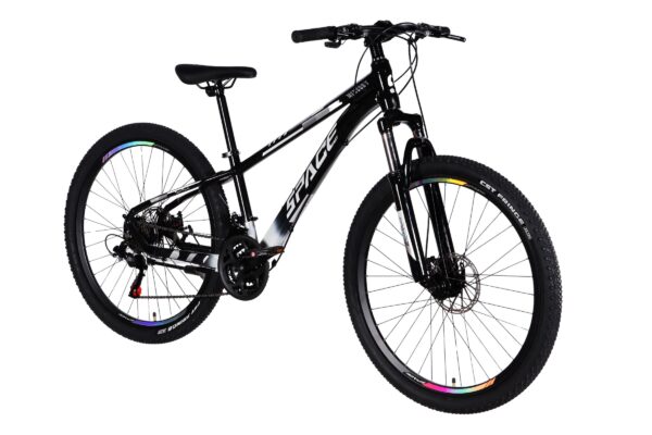 Modern black mountain bike with colourful wheels