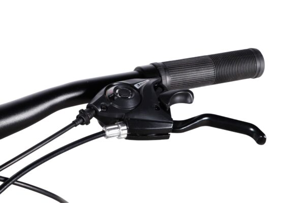 Close-up of bicycle handlebar and gear shifters.