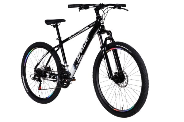 Mountain bike with black frame and colourful wheels.
