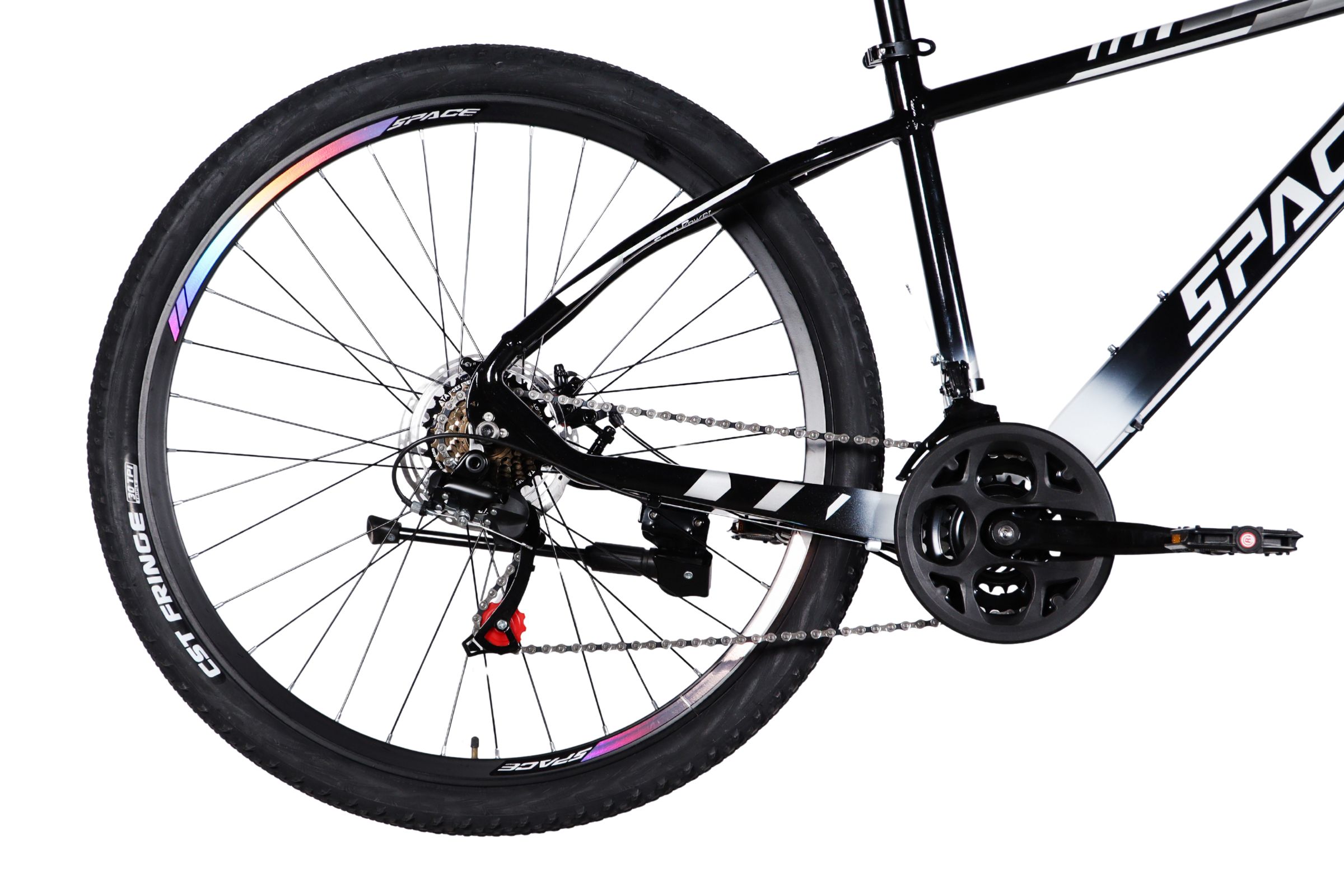 Close-up of a black mountain bike rear wheel.