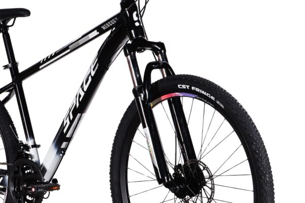 Black mountain bike with detailed front fork