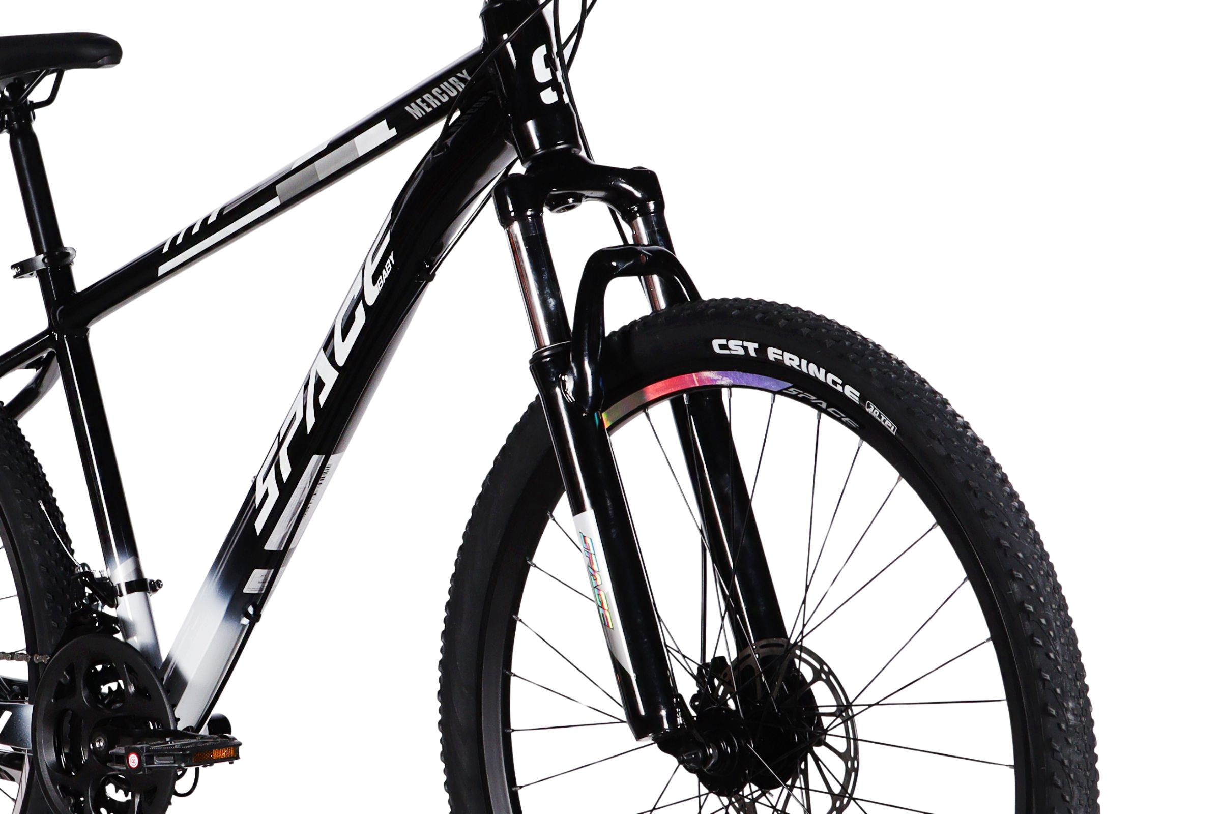 Black mountain bike with detailed front fork